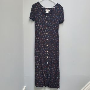 Talbots vegetable print navy button front maxi dress size 12